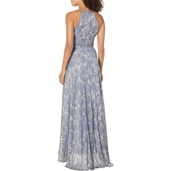 Betsy & Adam Long Foil Print Halter maxi Dress Sleeveless Steel/Gold Size 2 NWT - Picture 2 of 12